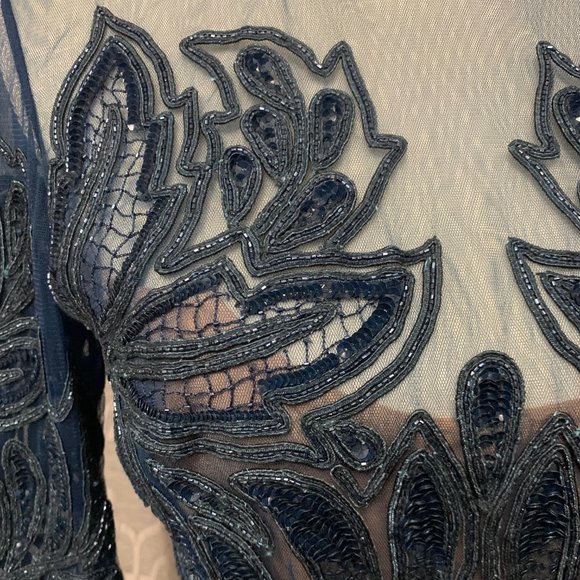 NWT Elie Saab Peacock Blue Sequin Beaded Long Sleeve Gown Dress, Sz 36 - Picture 4 of 14